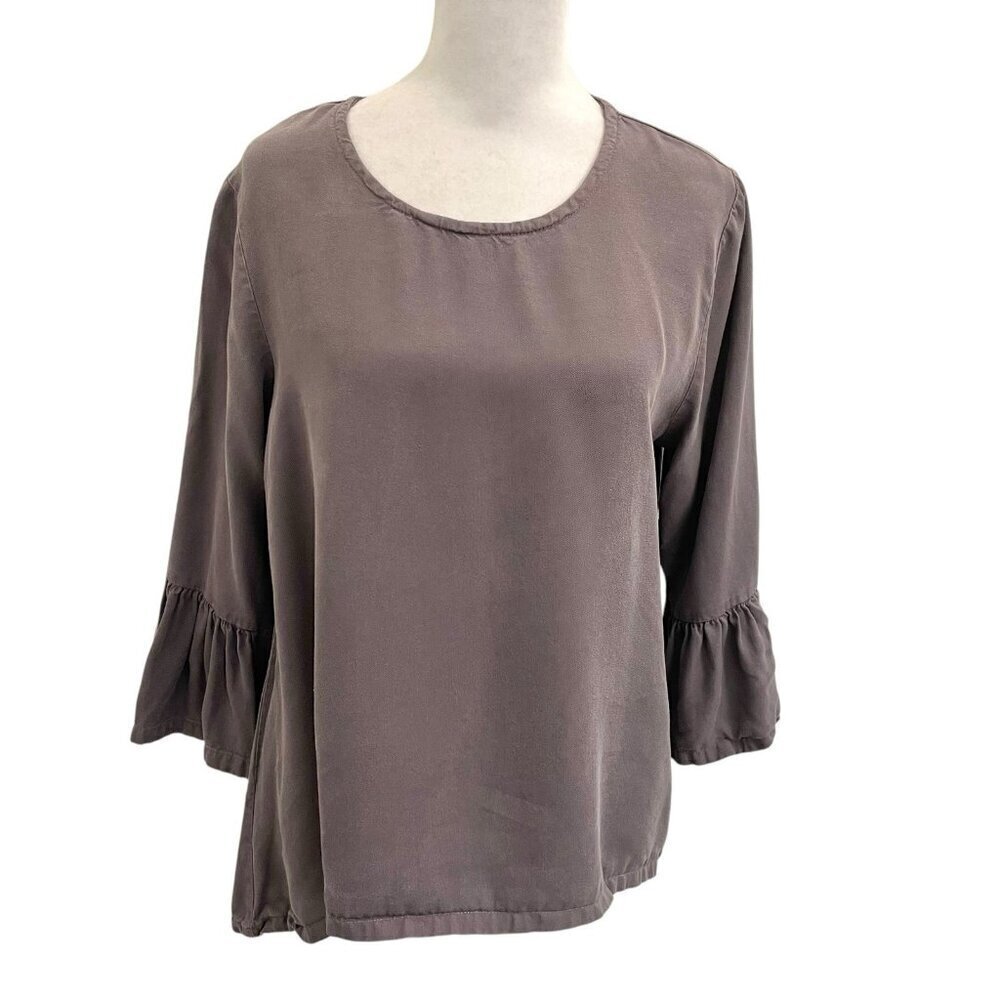Bryn Walker Ruffle Bell Sleeve Hi-Lo Hem Round Neck Blouse Purple Brown Small